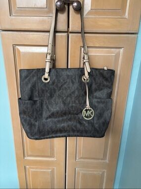 Michael Kors Brown Signature Tote with Tan Straps and MK Charm